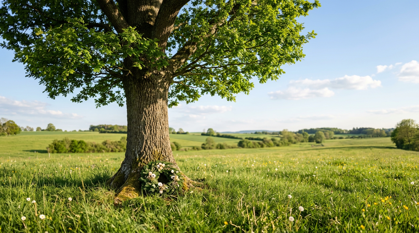 Baumbestattung, alter Baum auf grüner Wiese mit Trauerkranz und bunten Blumen